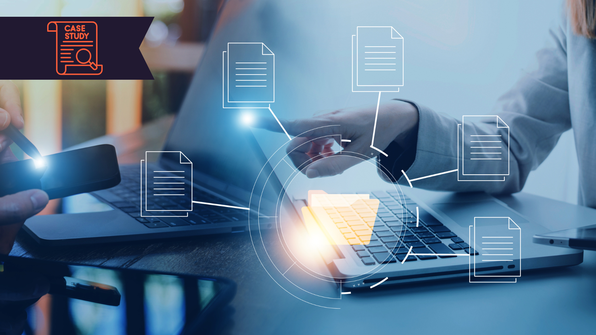 Icon with case study. Laptop showning files representing File management